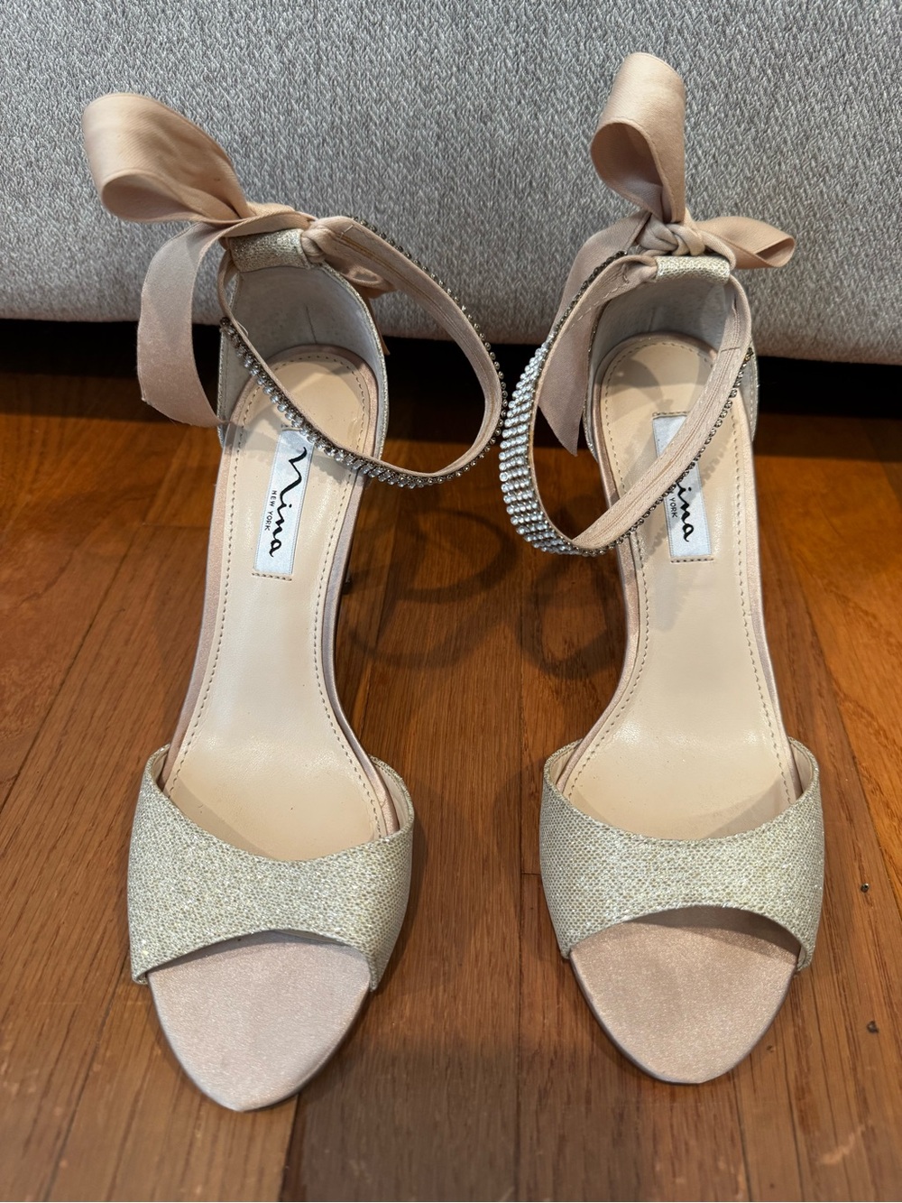 Nina Champagne Satin and Rhinestone Ankle-Tie Heels